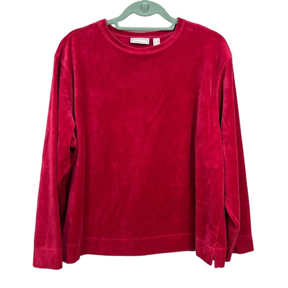 Nordstrom Sweatshirt Soft Stretch Velveteen Crew Neck Red Women Size L*